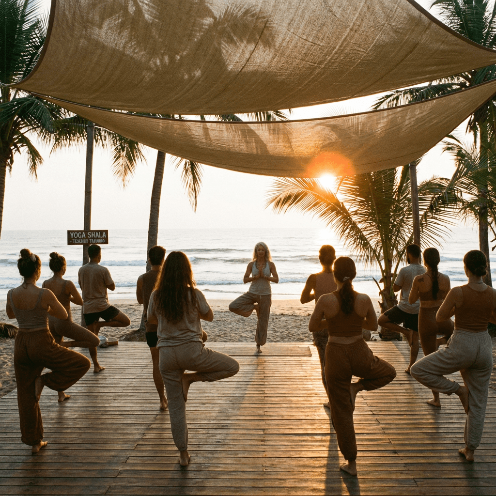Serene yoga teacher training by ocean sunrise